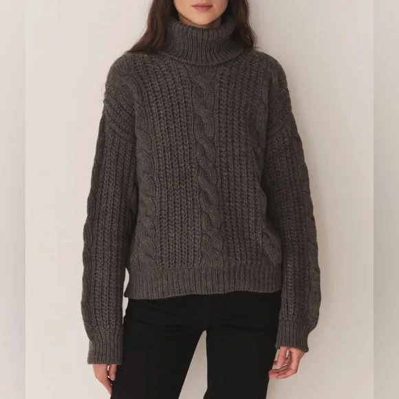 Doen Leighton Merino Wool Cable Knit Turtle Mock Neck Sweater Dark Grey - Picture 5 of 10